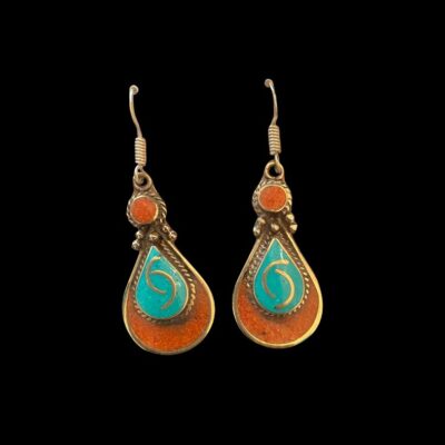 Turquoise and Coral Tibetan Earrings