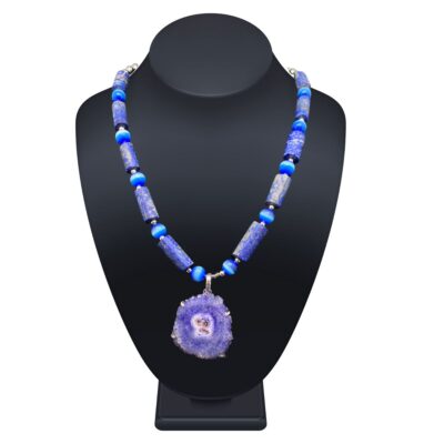 Blue Druzy Agate Crystal Pendant Necklace