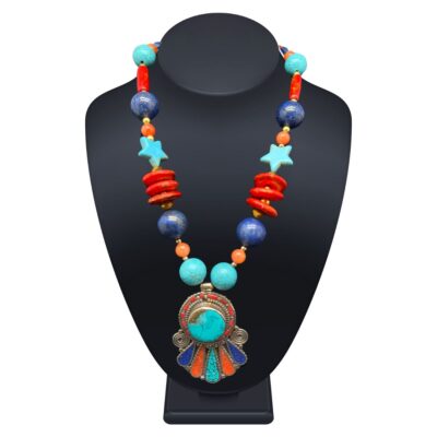 Tibetan Fan Necklace with coral, turquoise, and spirals, and stars