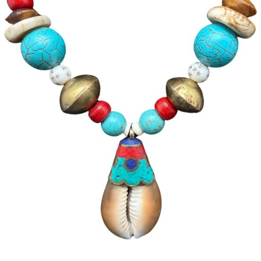 Cowry shell and Tibetan silver necklace with turquoise and silver beads