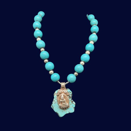 Turquoise bead, Buddha and Ohm pendant necklace