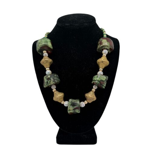 Rare Green Coral and brass spiral bead necklace