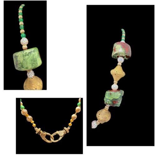 Rare Green Coral and brass spiral bead necklace