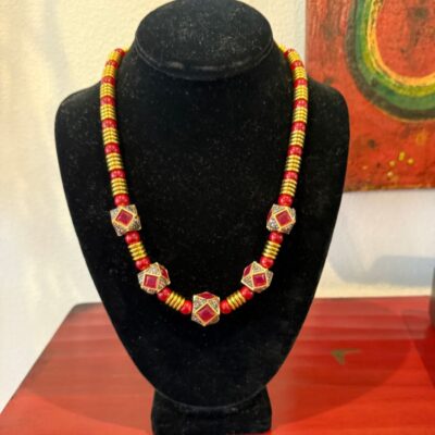 Red Garnets and jeweled brass rings necklace