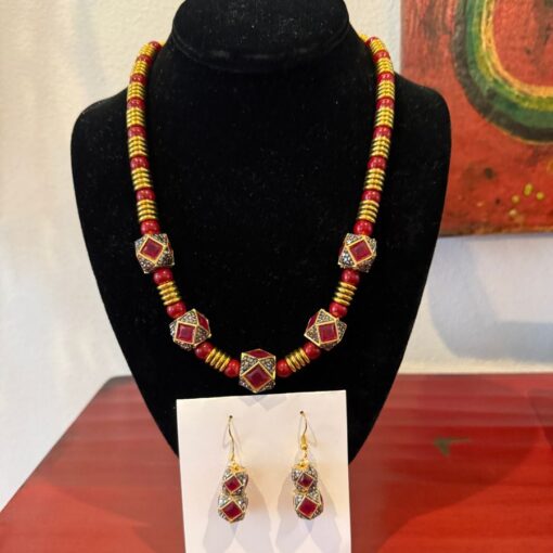 Red Garnets and jeweled brass rings necklace & matching earrings (sold separately)