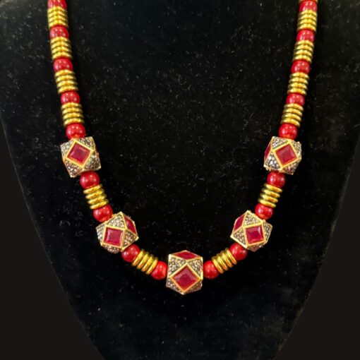 Red Garnets and jeweled brass rings necklace